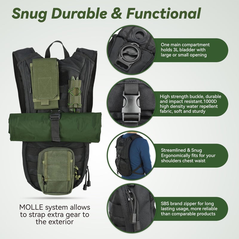 MARCHWAY Tactical Molle Hydration Pack Backpack with 3L TPU Water Bladder, Military Daypack for Cycling, Hiking, Running, Climbing, Hunting, Biking (Black) - Image 3